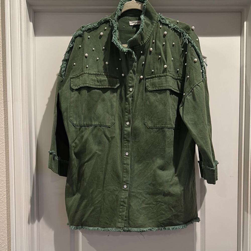 Olive Green Utility Jacket with Embellished Shoulders